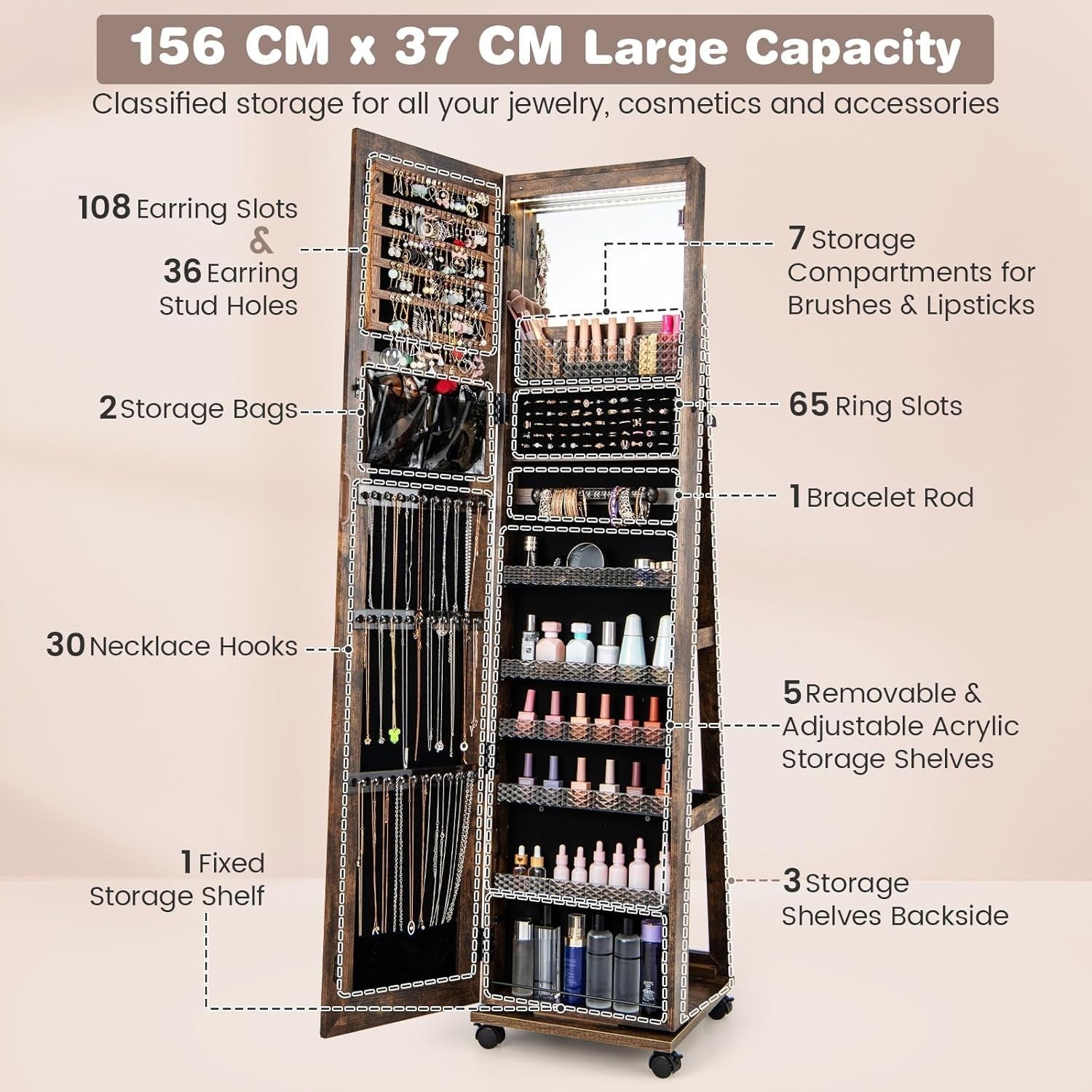 Swivel Jewelry Cabinet with LED Mirror Lockable Storage Wheels Rustic Brown