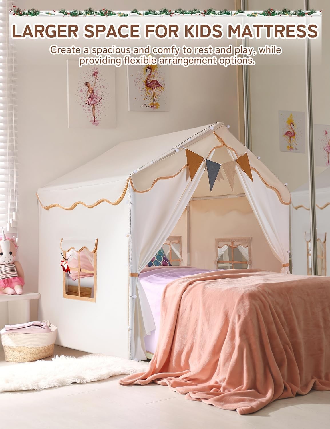 2 in 1 Kids Play Tent Bed Tent with Lights Padded Princess House