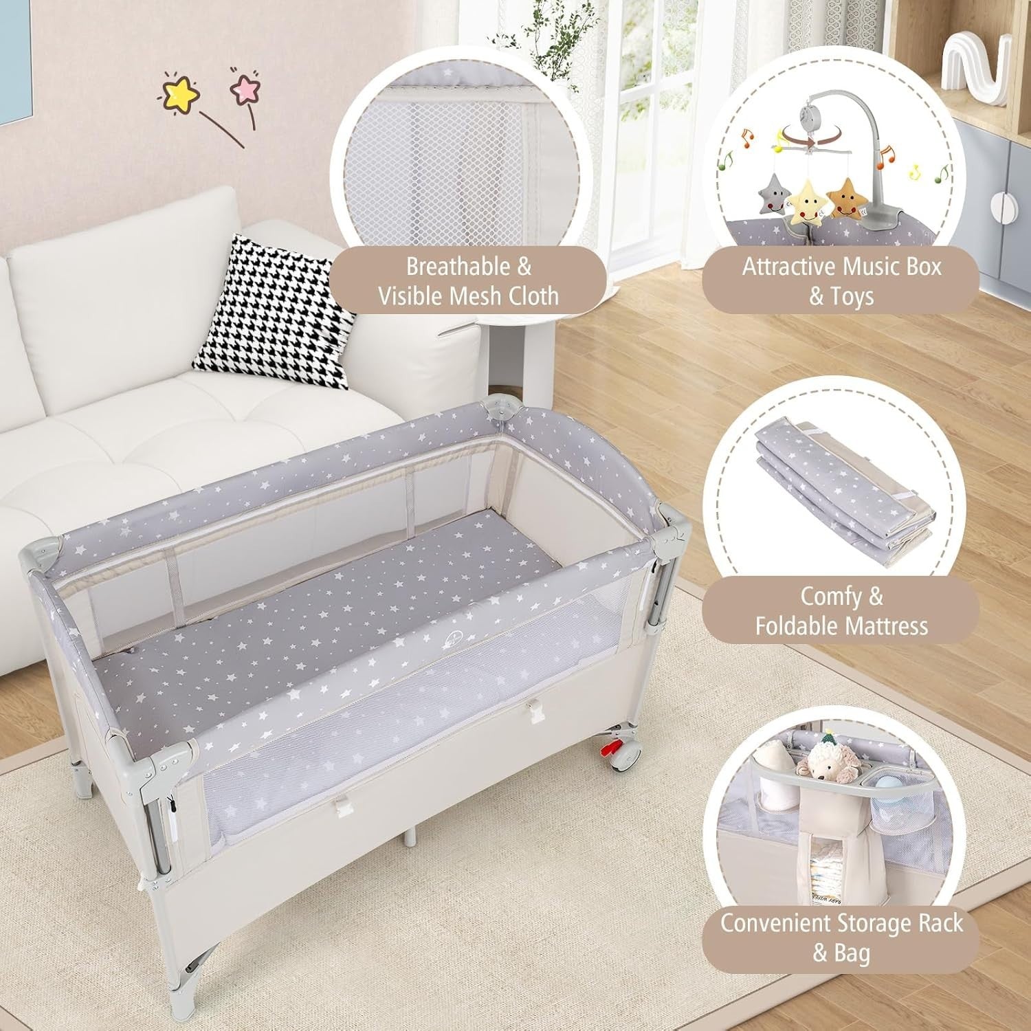 5in1 Baby Travel Cot Foldable Crib with Mattress Basket Changer & Storage Beige