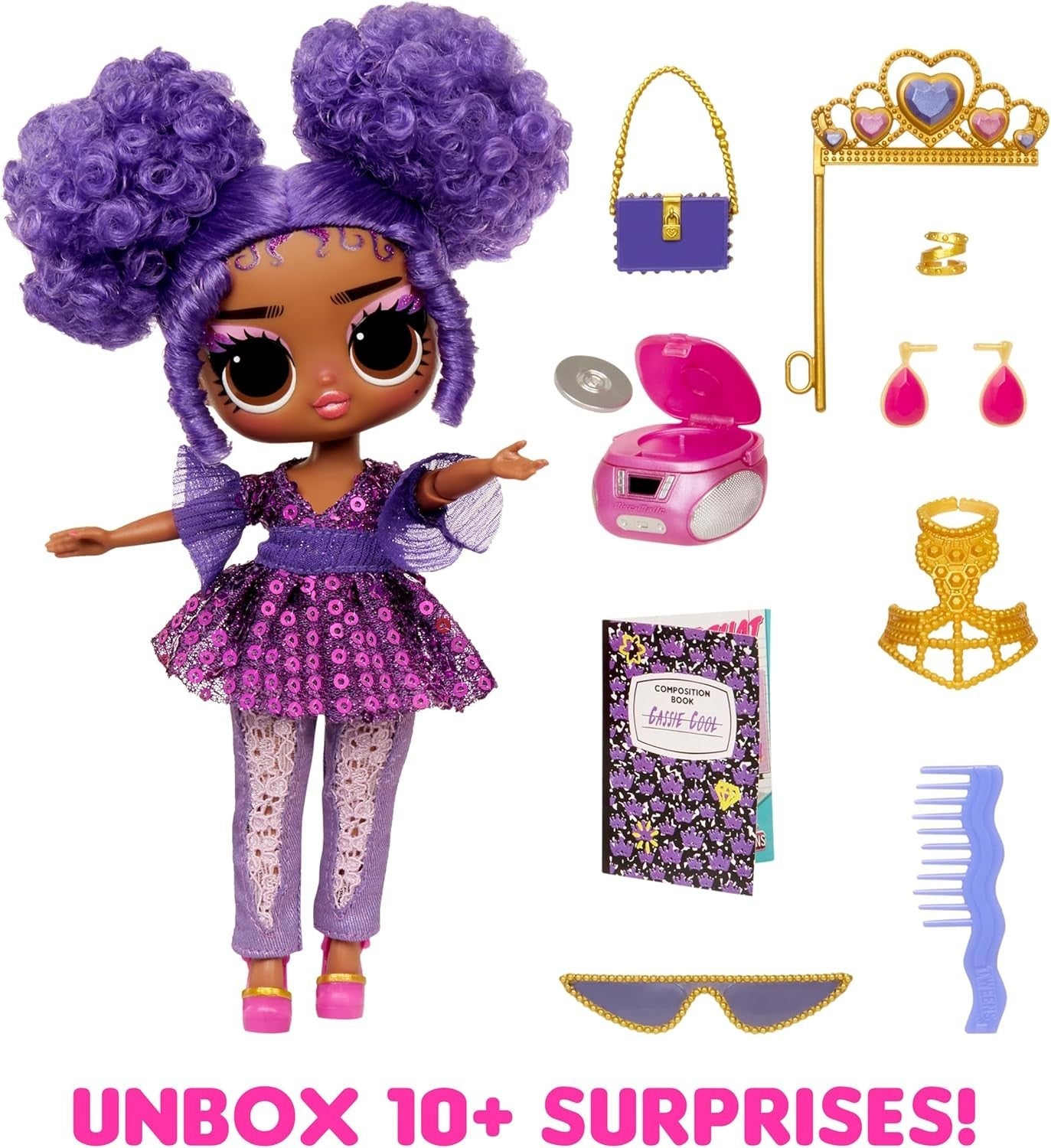 Fashion Doll Tweens Purple Hair 10+ Surprises Rock Star Accessories