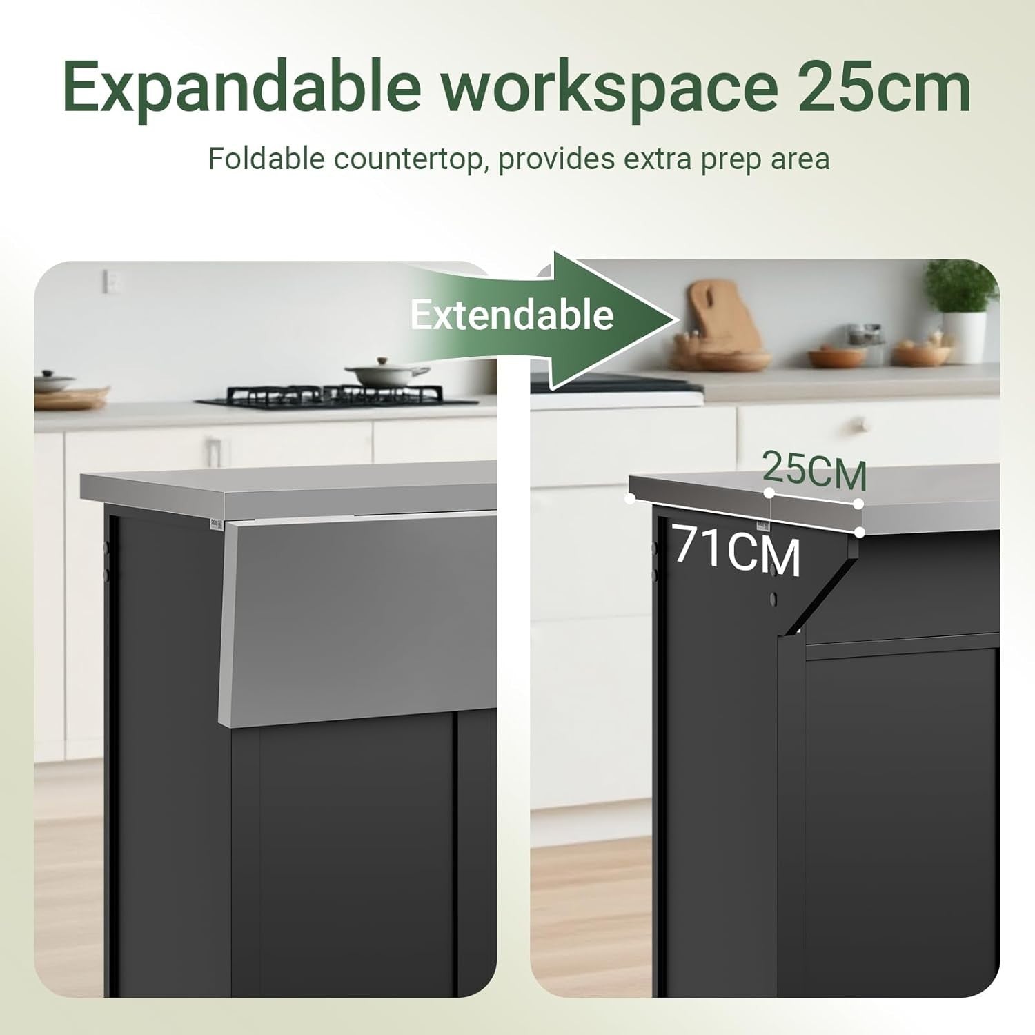 Black Rolling Kitchen Island Extendable Worktop 115cm