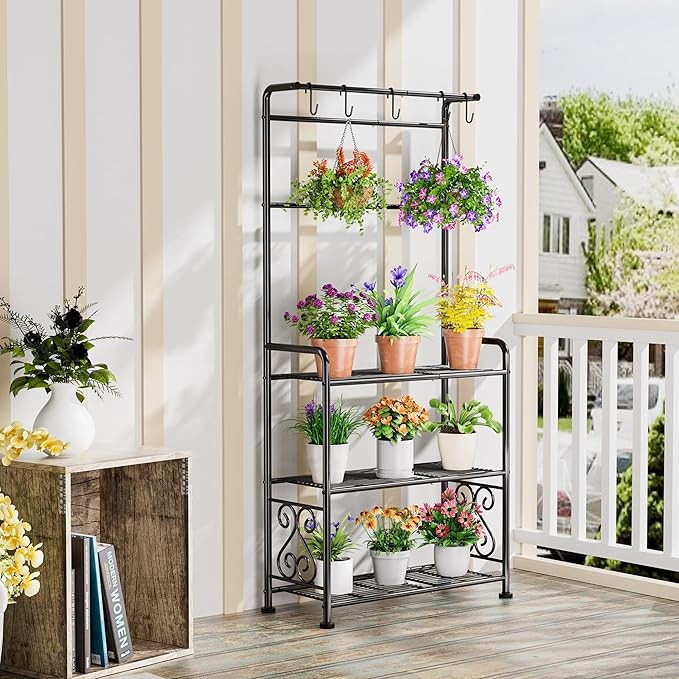 3 Tier Metal Plant Stand with Hanging Rod Indoor Outdoor Flower Shelf Black