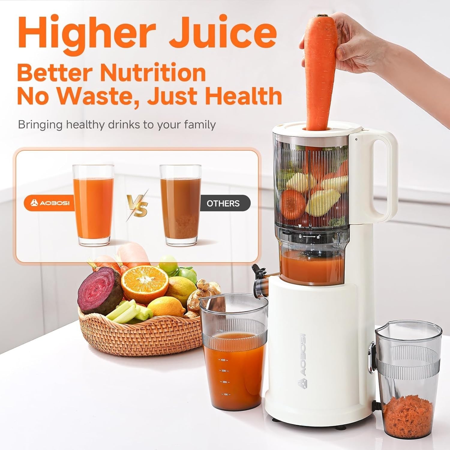 Cold Press Juicer 135mm Wide Chute Whole Fruit Slow 200W High Yield White