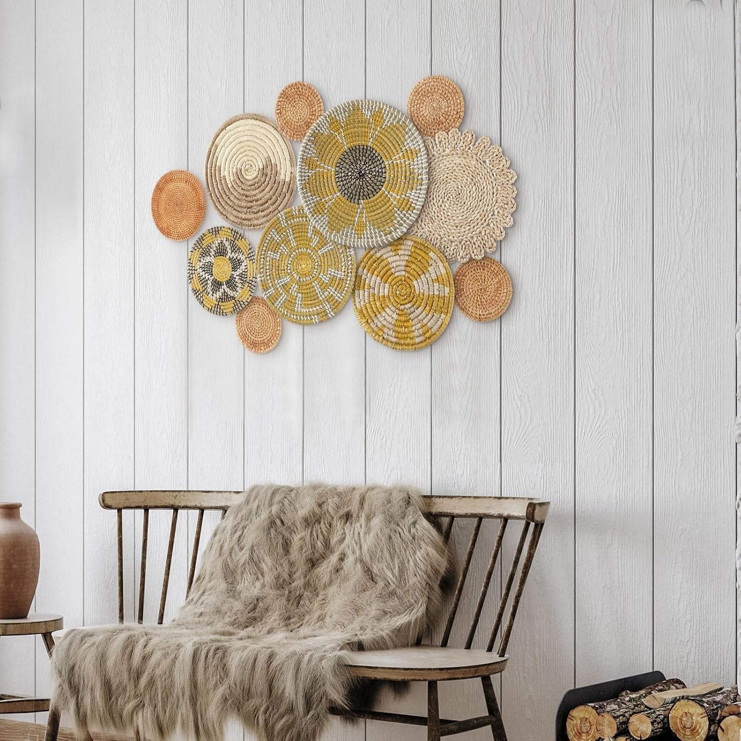 Boho Wall Basket Decor 11pcs Multi-Size Bulrush Rustic Lively