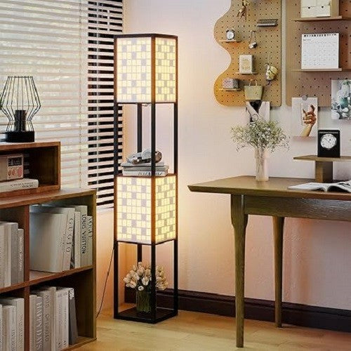 Floor Lamp with Shelves Grid Lampshades Storage Standing Light Reading Lamp