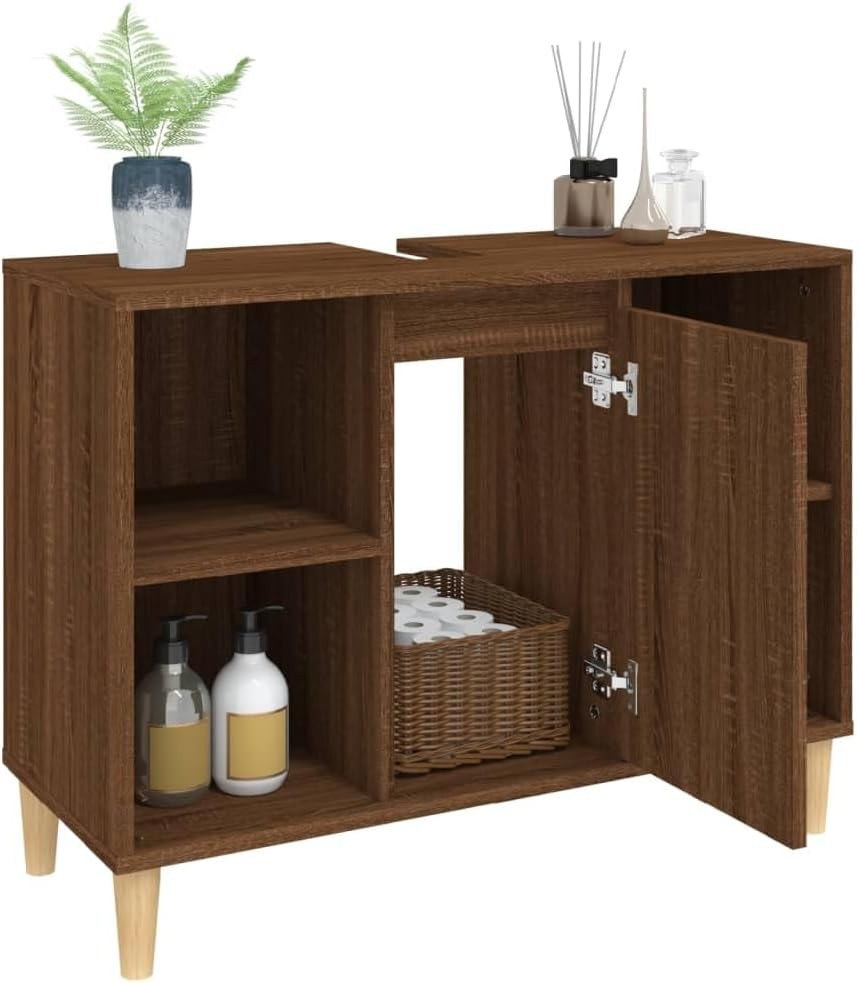 Brown Oak Bathroom Sink Cabinet with Storage Shelves – Nordic Vanity Unit 80cm