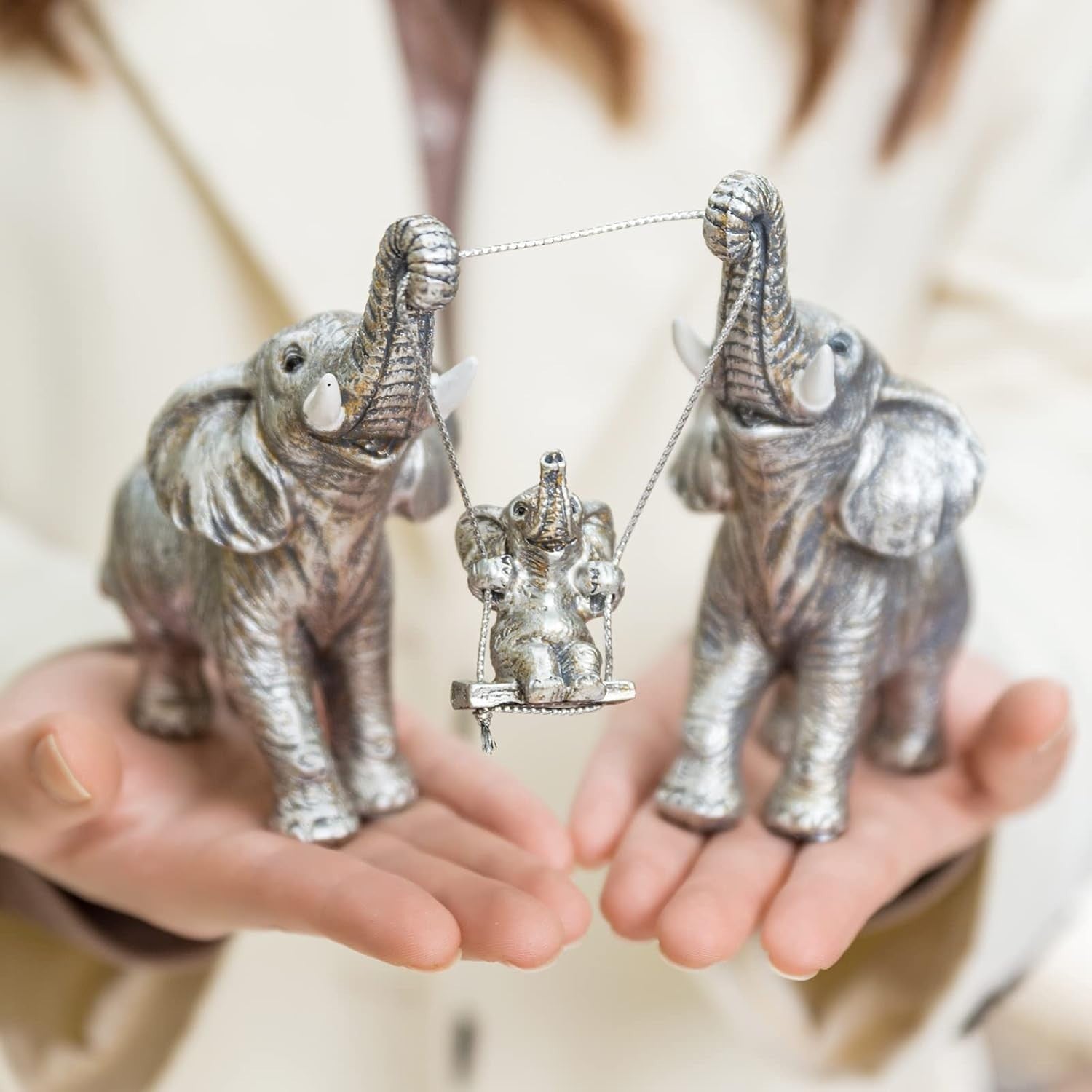 Silver Elephant Figurine Set Good Luck Home Decor Resin Centerpiece Gift