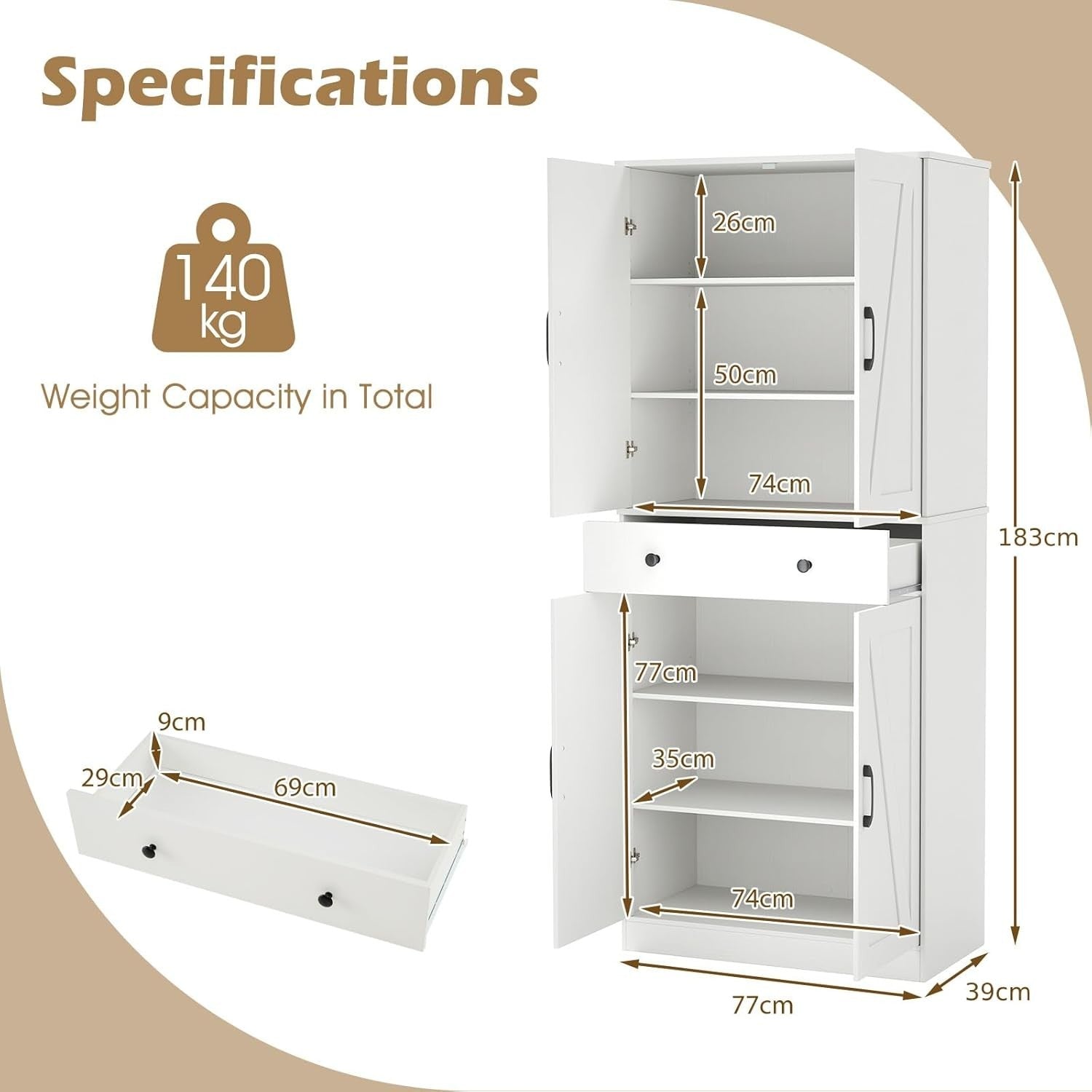 183cm Tall Kitchen Cupboard White 6-Tier Adjustable Shelves Drawer Storage