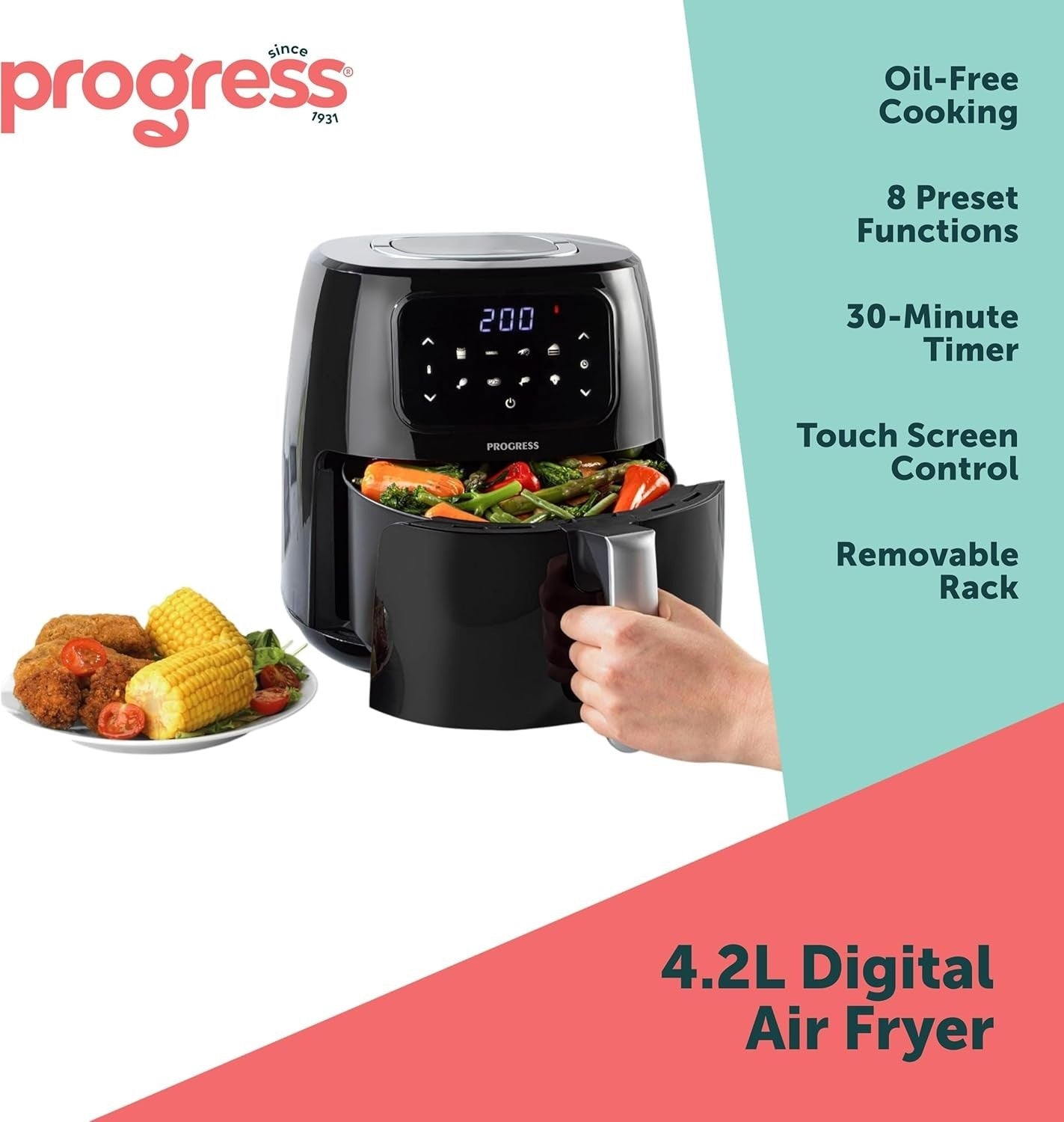 4.2L Digital Air Fryer Oil Free Touchscreen 8 Presets Timer 1300W