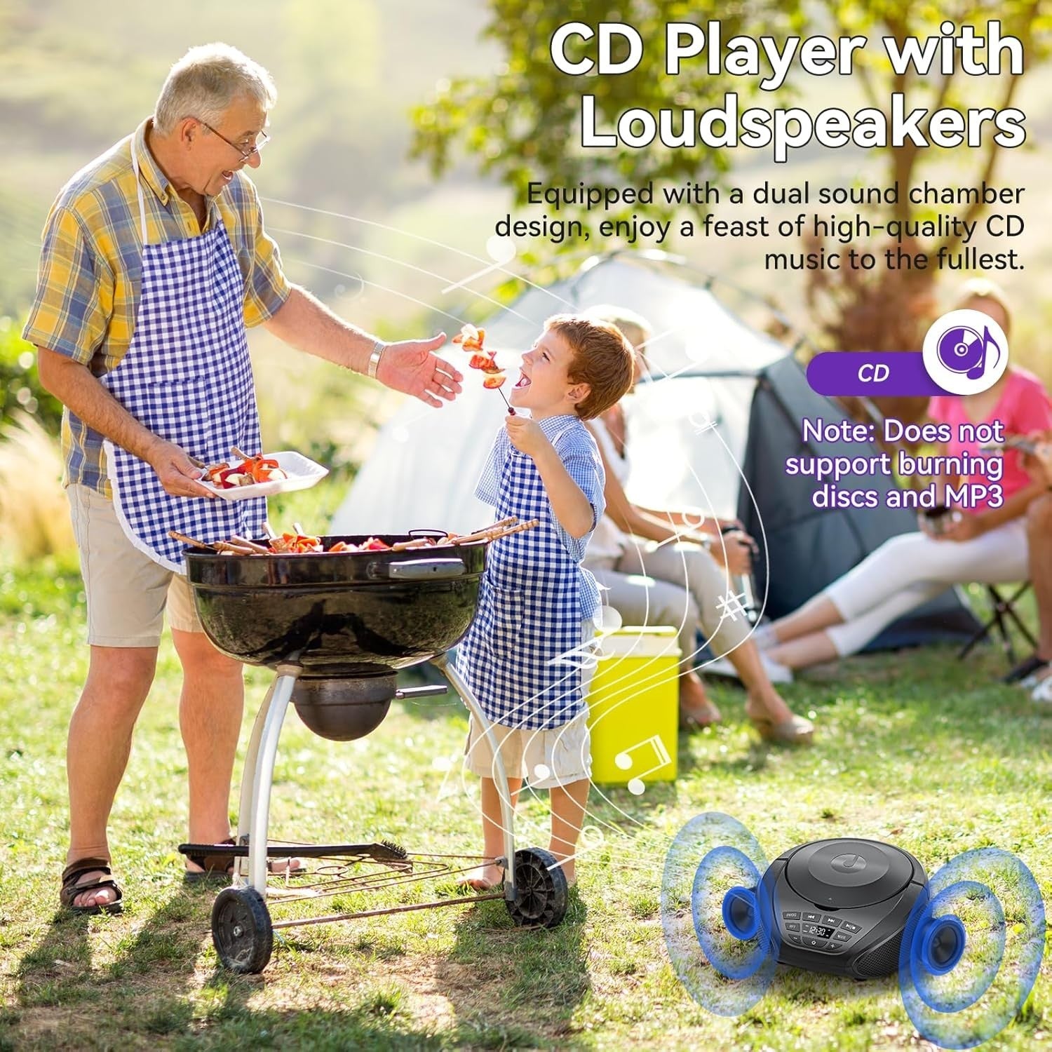 Portable CD Player Boombox Speakers FM Radio AUX Headphone Jack Black