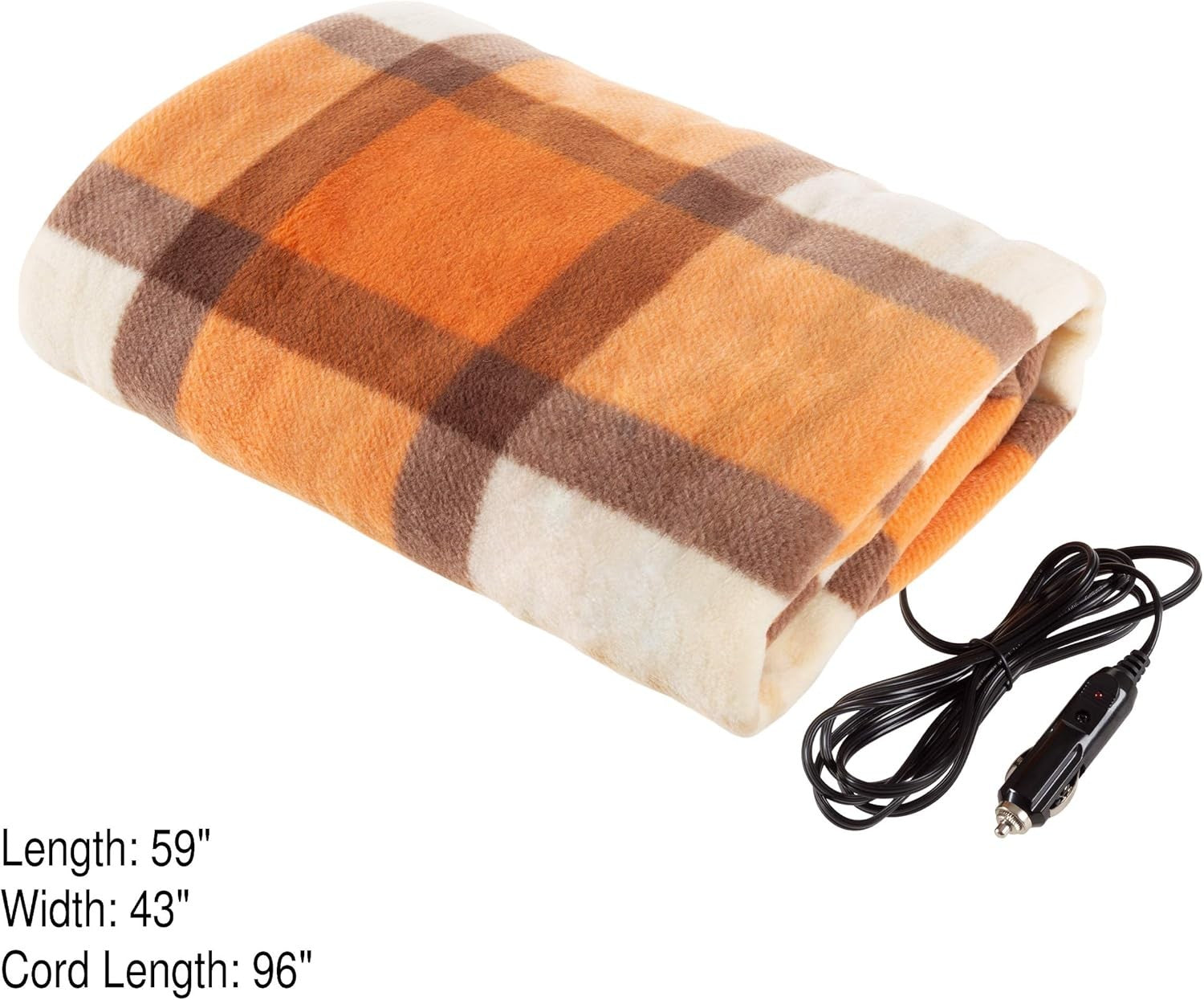 12V Heated Car Blanket Travel Fleece Throw Emergency Orange Plaid