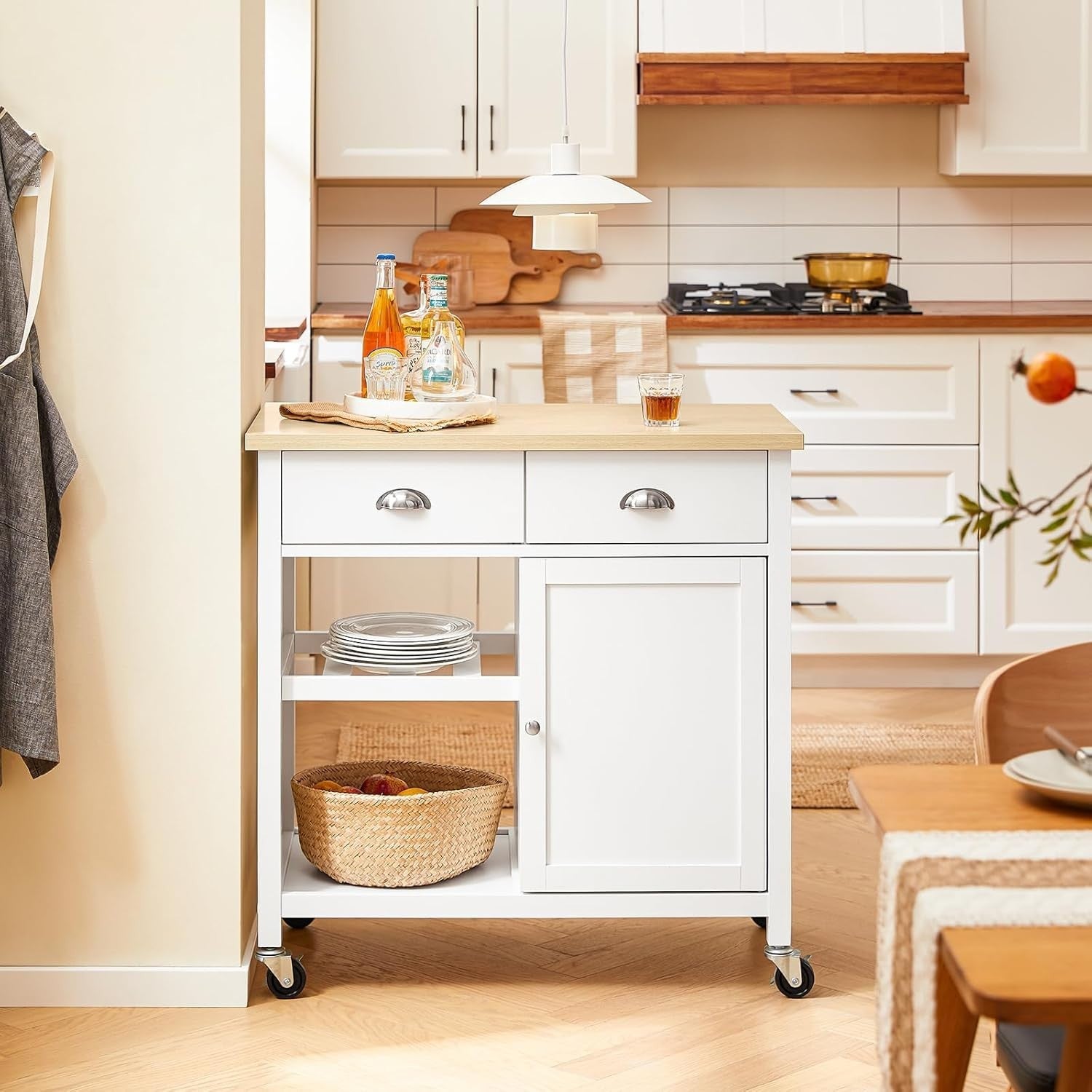 Kitchen Storage Trolley with Drawers & Adjustable Shelf White-Natural 87x48cm