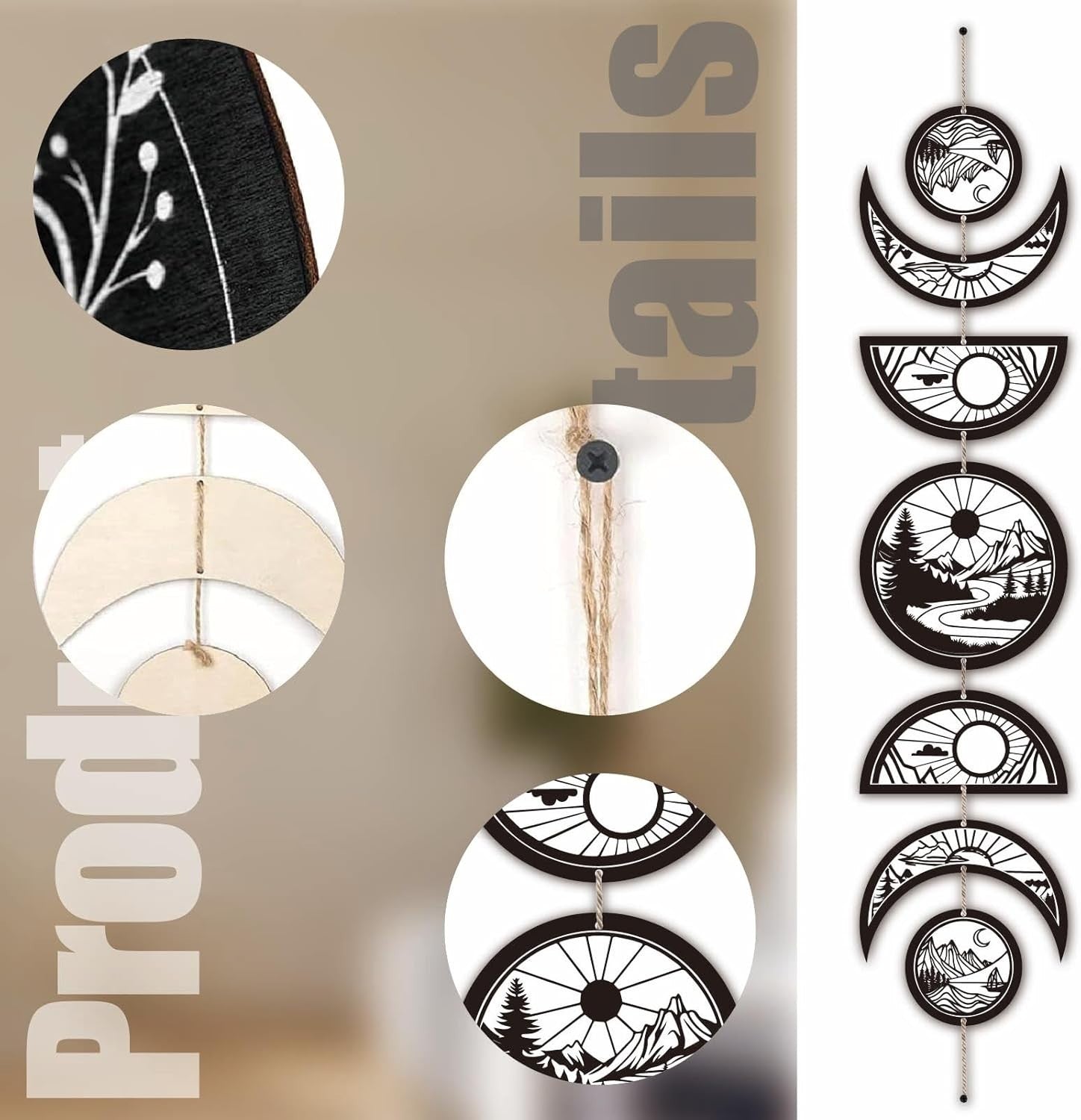 Moon Phase Wall Decor Wooden Boho 7-Piece Hanging Art for living room