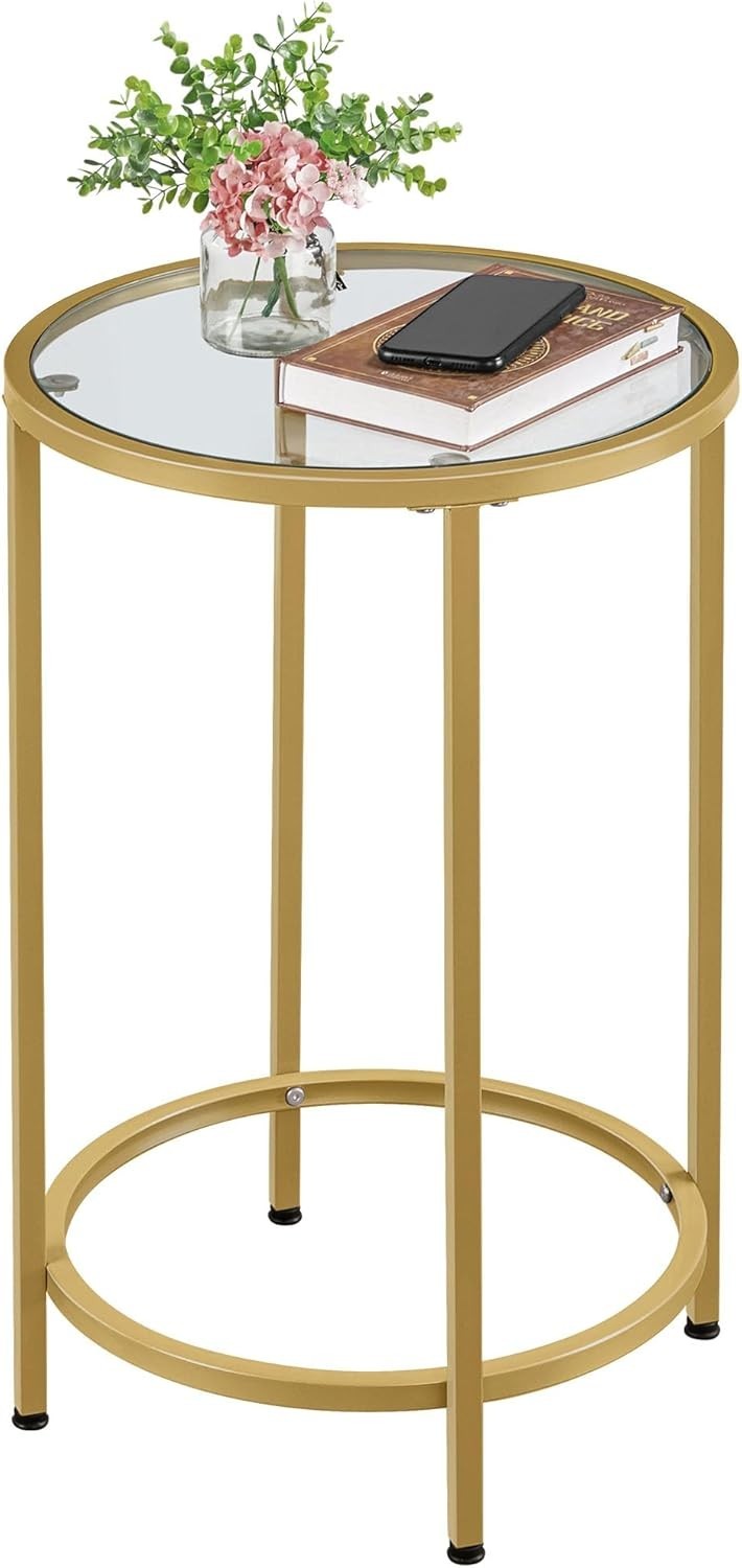 Round Tempered Glass Side Table with Metal Frame, 40.5cm Top, Durable & Stylish
