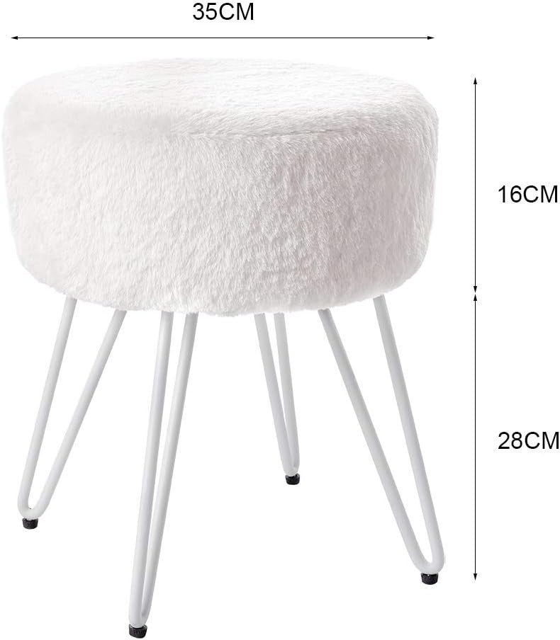 White Plush Round Vanity Stool with Metal Legs – Soft Padded Dressing Chair