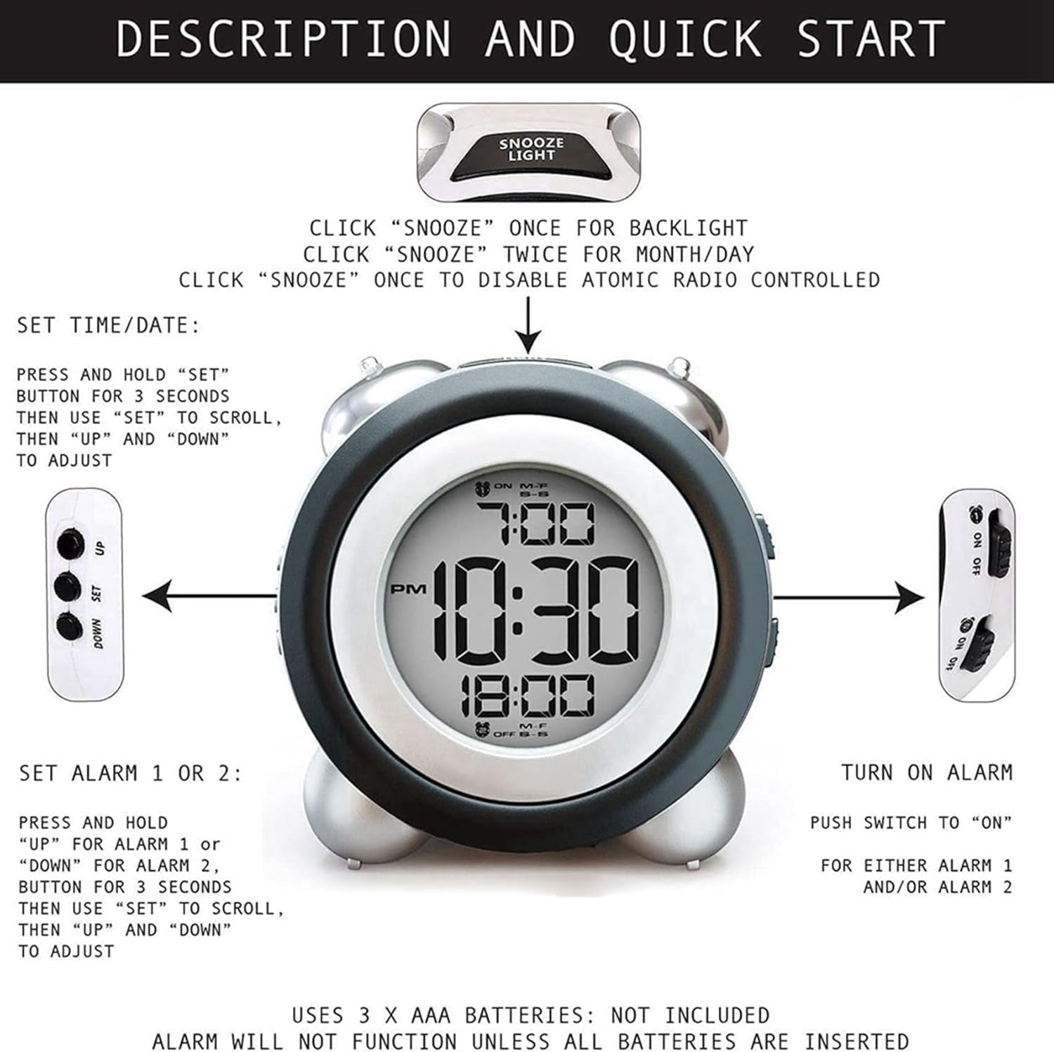 6 Pack Digital Alarm Clock Loud Twin Bell Blue Backlight Dual Alarm White