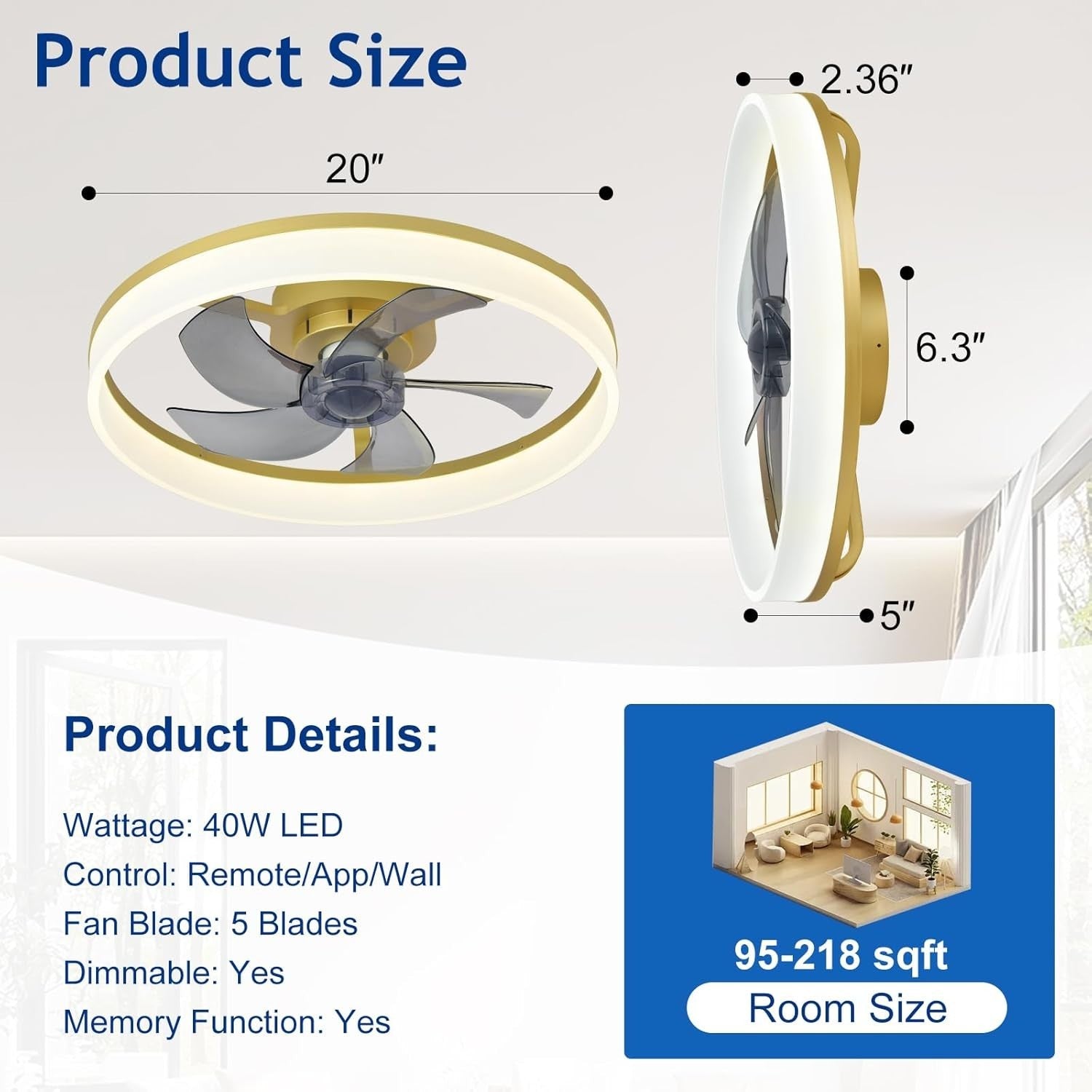 20" LED Ceiling Fan with Light, Remote & App Control, Dimmable, Gold Bladeless