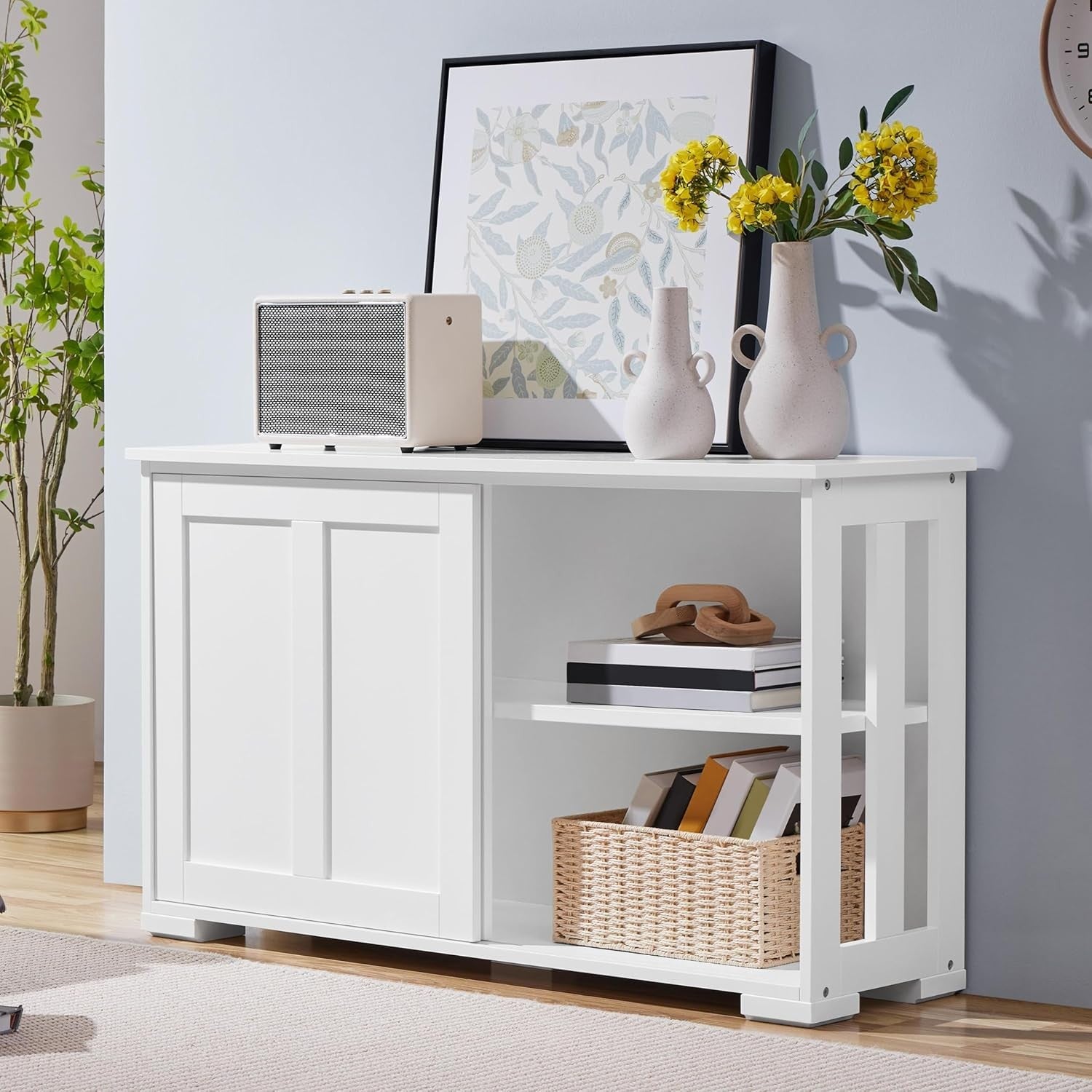 Set of 2 White Sideboard Buffet Cabinets | Sliding Door Storage Units with Shelv