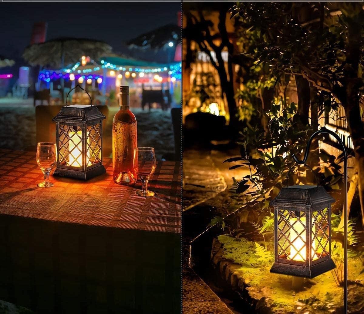 2 Pack Solar Flame Lanterns, Outdoor Waterproof Flickering LED Hanging, Bronze