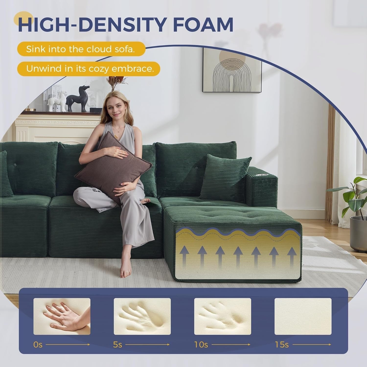 L-Shaped Modular Corner Sofa with Cup Holder Deep Memory Foam Seat