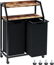 2-Section Laundry Sorter on Wheels with Shelves Rustic Wood Top Pull-Out Hampers