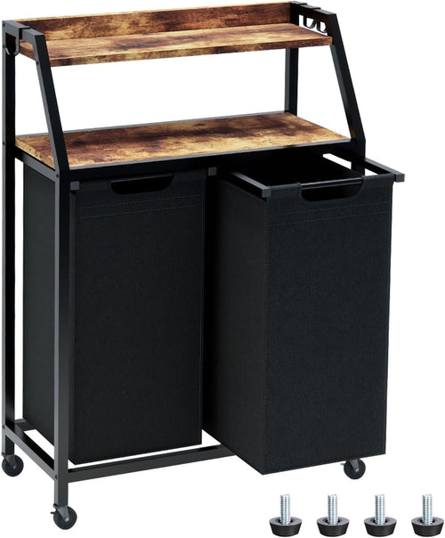 2-Section Laundry Sorter on Wheels with Shelves Rustic Wood Top Pull-Out Hampers