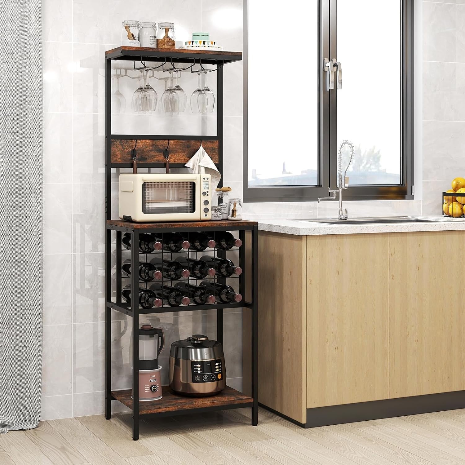 Freestanding Wine Rack Bar Cabinet with Glass Holder & Storage Shelves