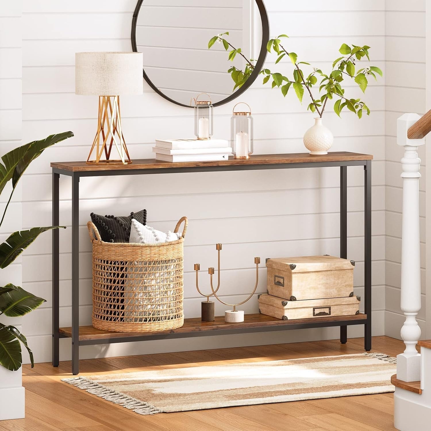Slim Console Table 120cm with Storage Shelf – Industrial Rustic Design