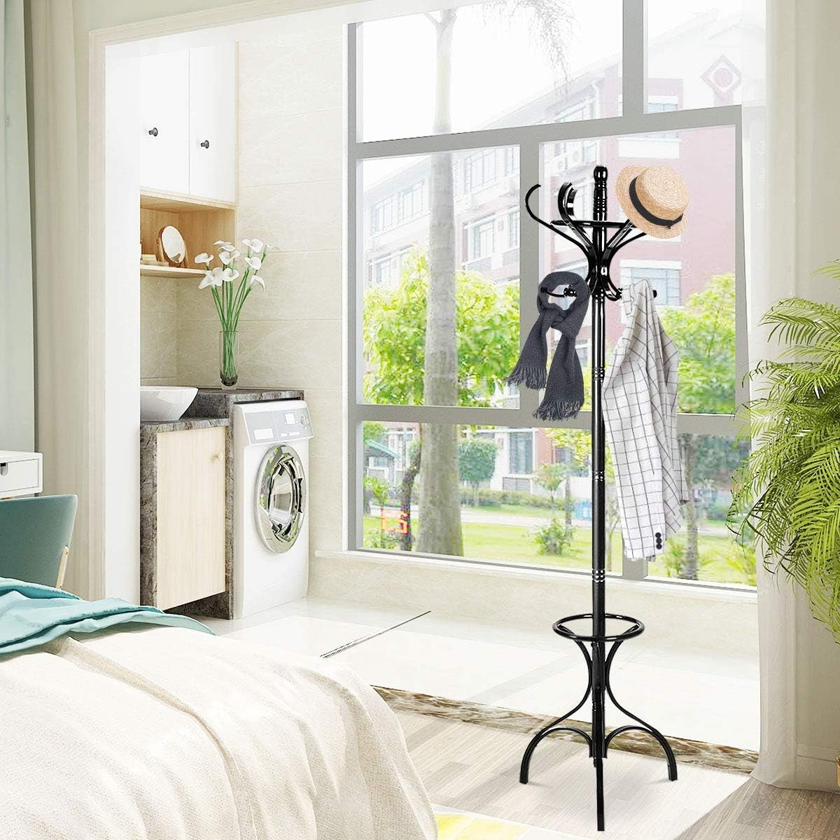 360° Rotating Black Wooden Coat Rack Stand 12 Hooks Freestanding Hall Tree