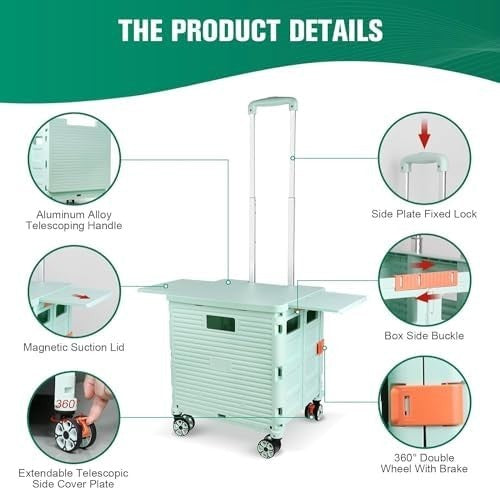 Heavy Duty Folding Shopping Cart 55kg Trolley 360° Wheels Foldable Green