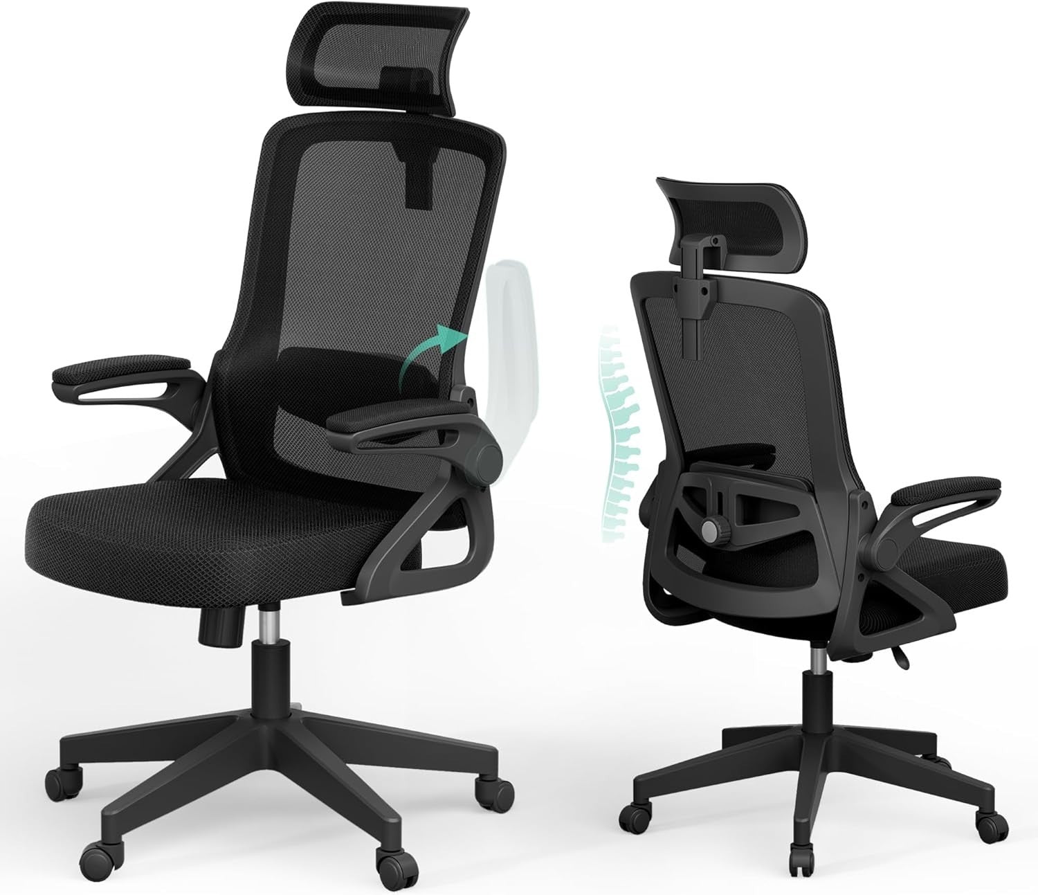 Ergonomic Office Chair Mesh Back Flip-Up Arms Adjustable Lumbar Support