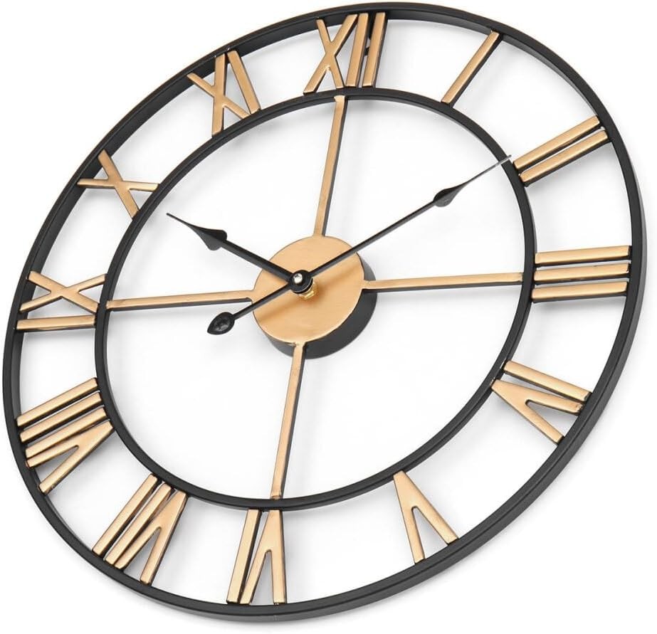 Large 60cm Skeleton Wall Clock Metal Roman Numerals Vintage Gold Black Home Deco