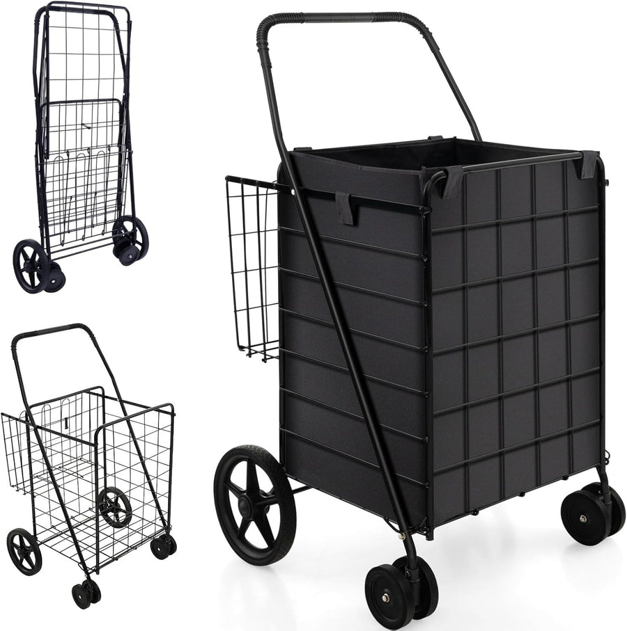 Foldable Shopping Cart On Wheels Heavy Duty Grocery Trolley Basket