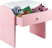 Pink Wooden Vanity Stool with Storage Drawer – Soft Padded Makeup Chair