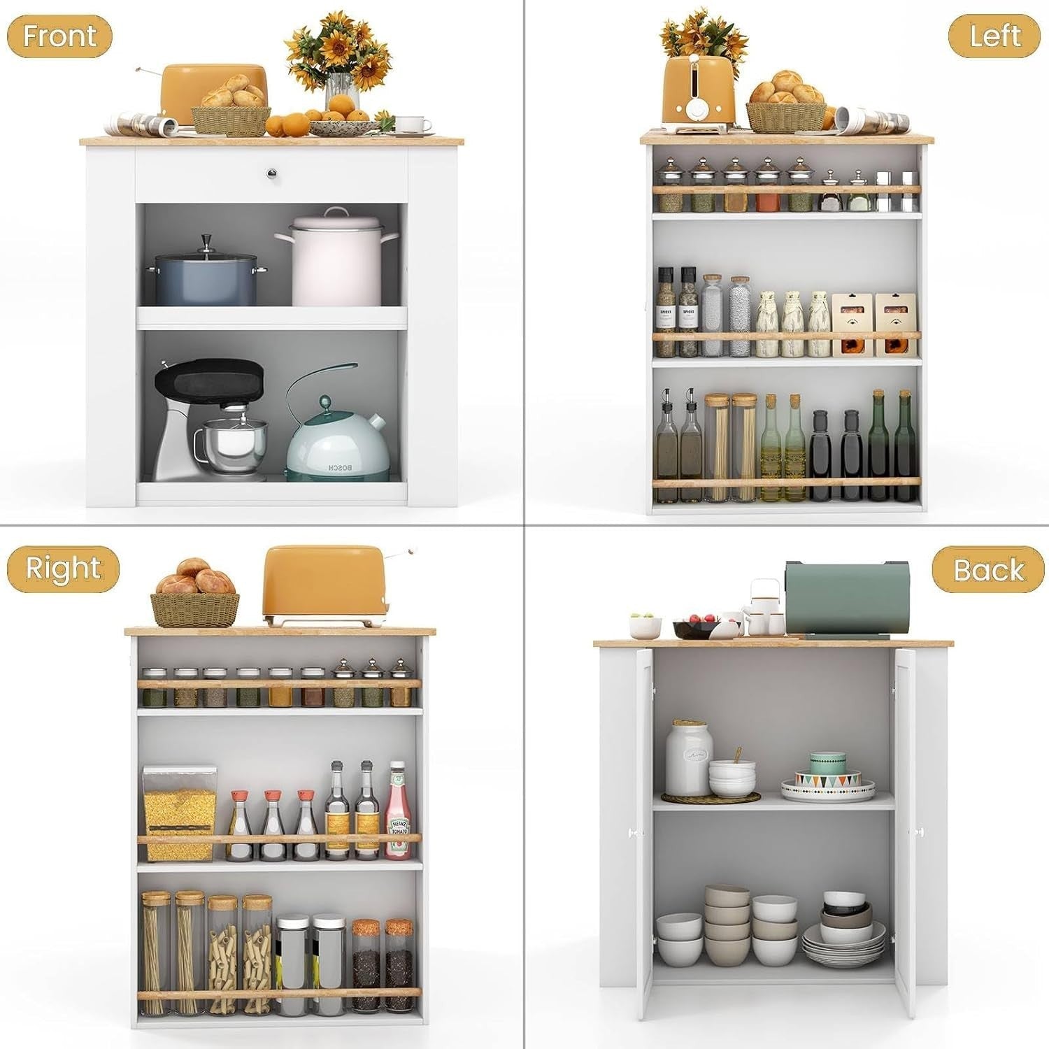 Rolling Kitchen Island Cabinet with Rubber Wood Top, Drawer & 6 Spice Racks