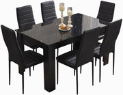 Modern Black Marble Dining Table Set with 6 PU Leather Chairs, 140x80x75cm