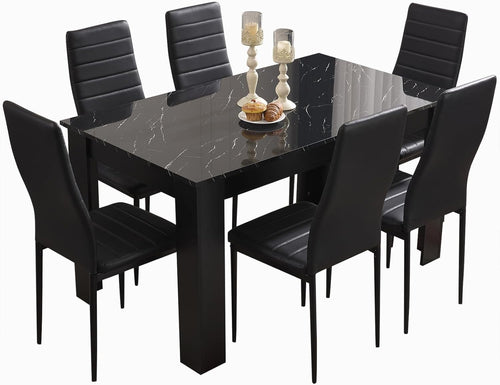 Modern Black Marble Dining Table Set with 6 PU Leather Chairs, 140x80x75cm
