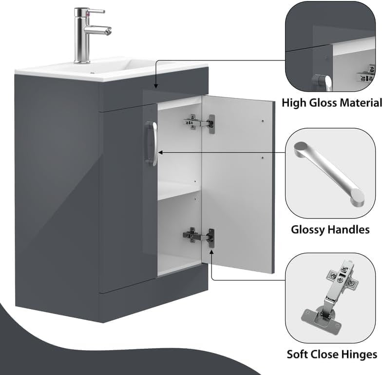 600mm Grey Under Sink Bathroom Vanity Unit with Basin Cupboard Storage Cabinet