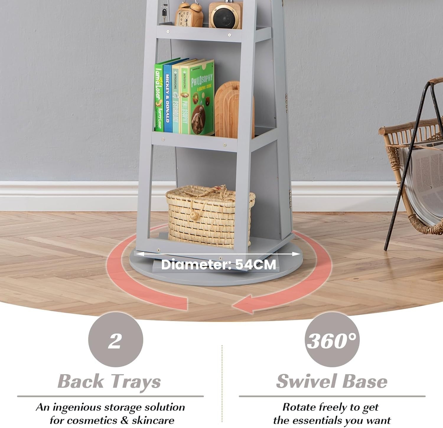 Grey 360° Swivel LED Jewelry Cabinet Mirror Lockable 3-Color Storage