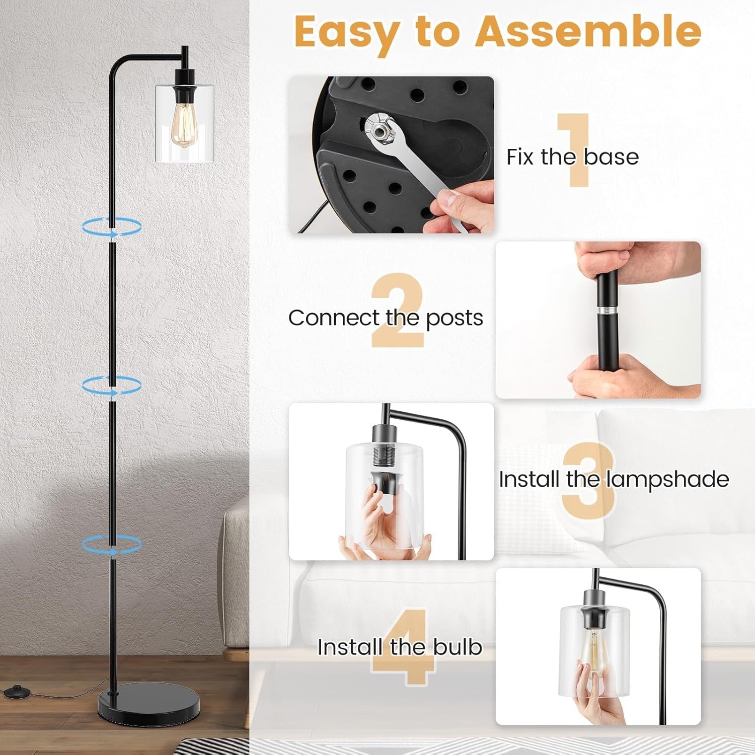 Industrial Floor Lamp Glass Shade Black Tall Standing Light Foot Switch