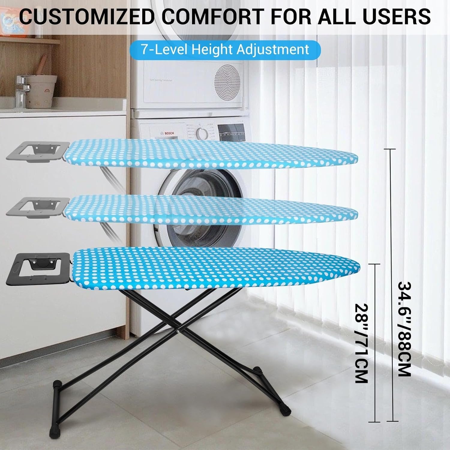 Large Ironing Board Adjustable Height Anti Slip with Iron Rest 132x33cm