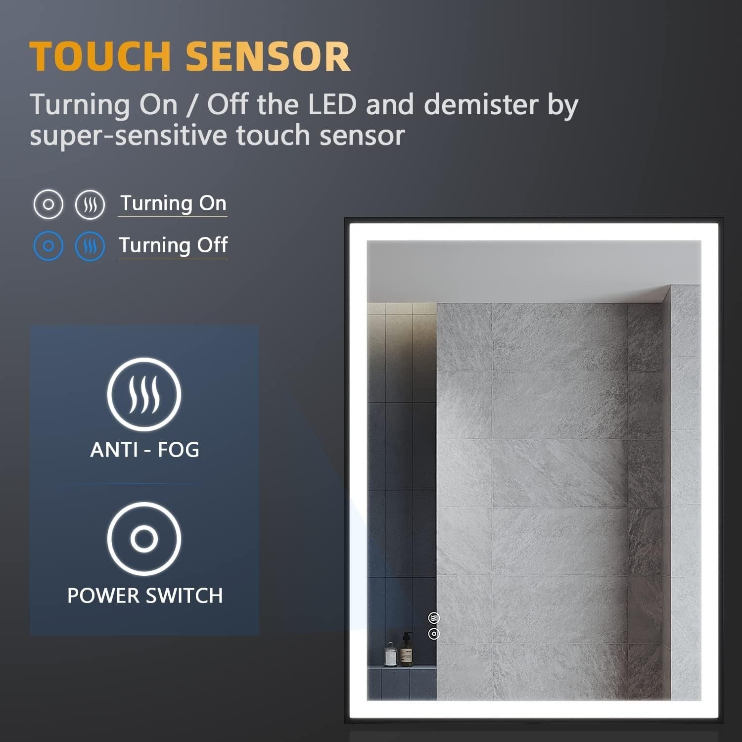 LED Bathroom Mirror 80x60cm Anti-Fog Wall Mounted Black Frame Light Touch