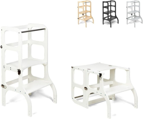 Montessori Helper Tower & Table 2-in-1 for Kids – White Wooden Step Stool