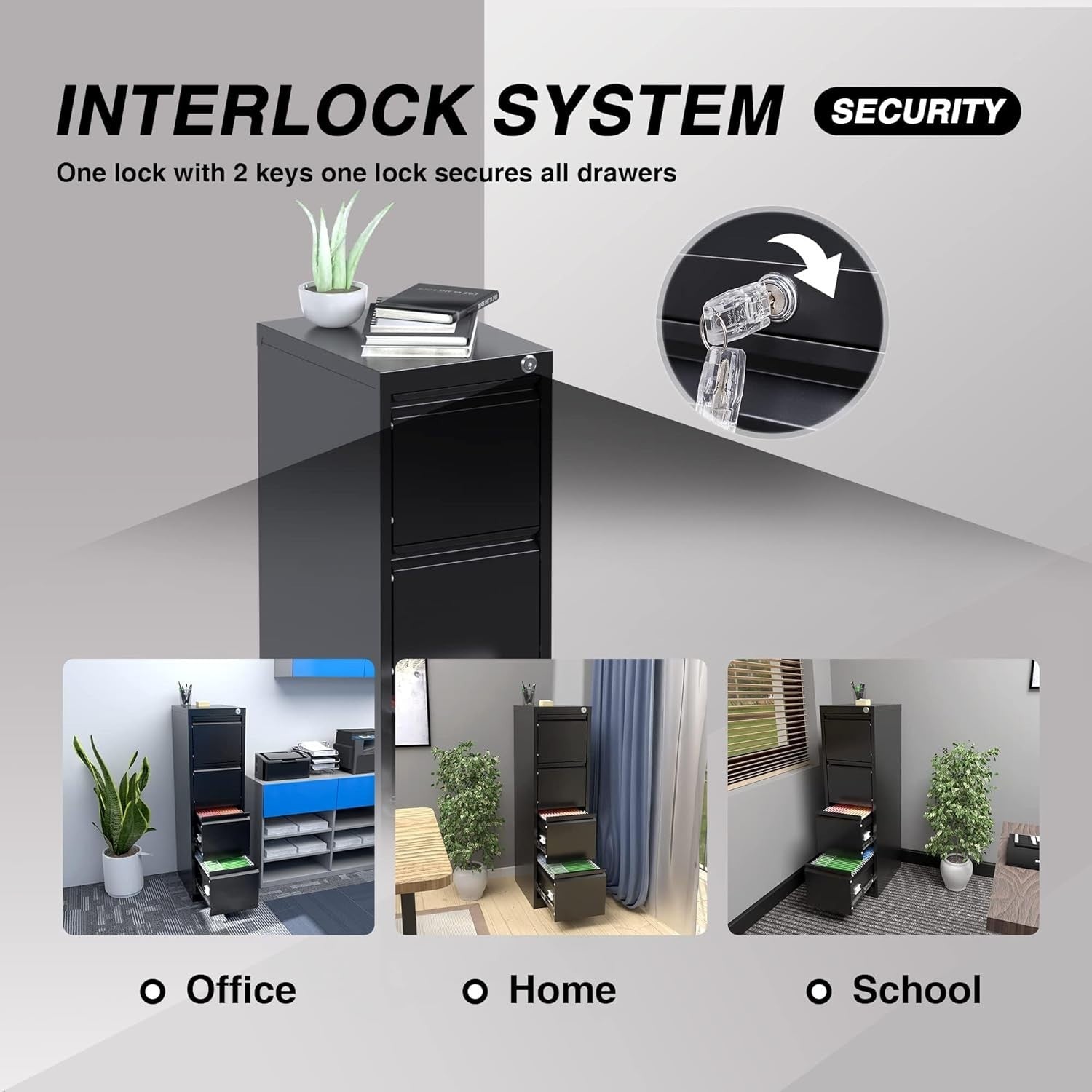 4 Drawer Metal Vertical Filing Cabinet Lockable Home Office Storage Black