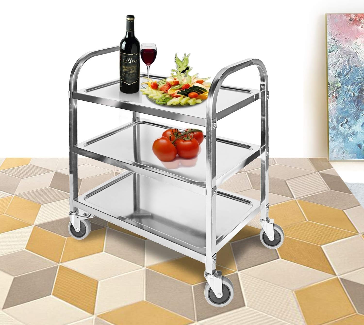 Stainless Steel 3 Tier Catering Trolley Cart w/ Locking Wheels
