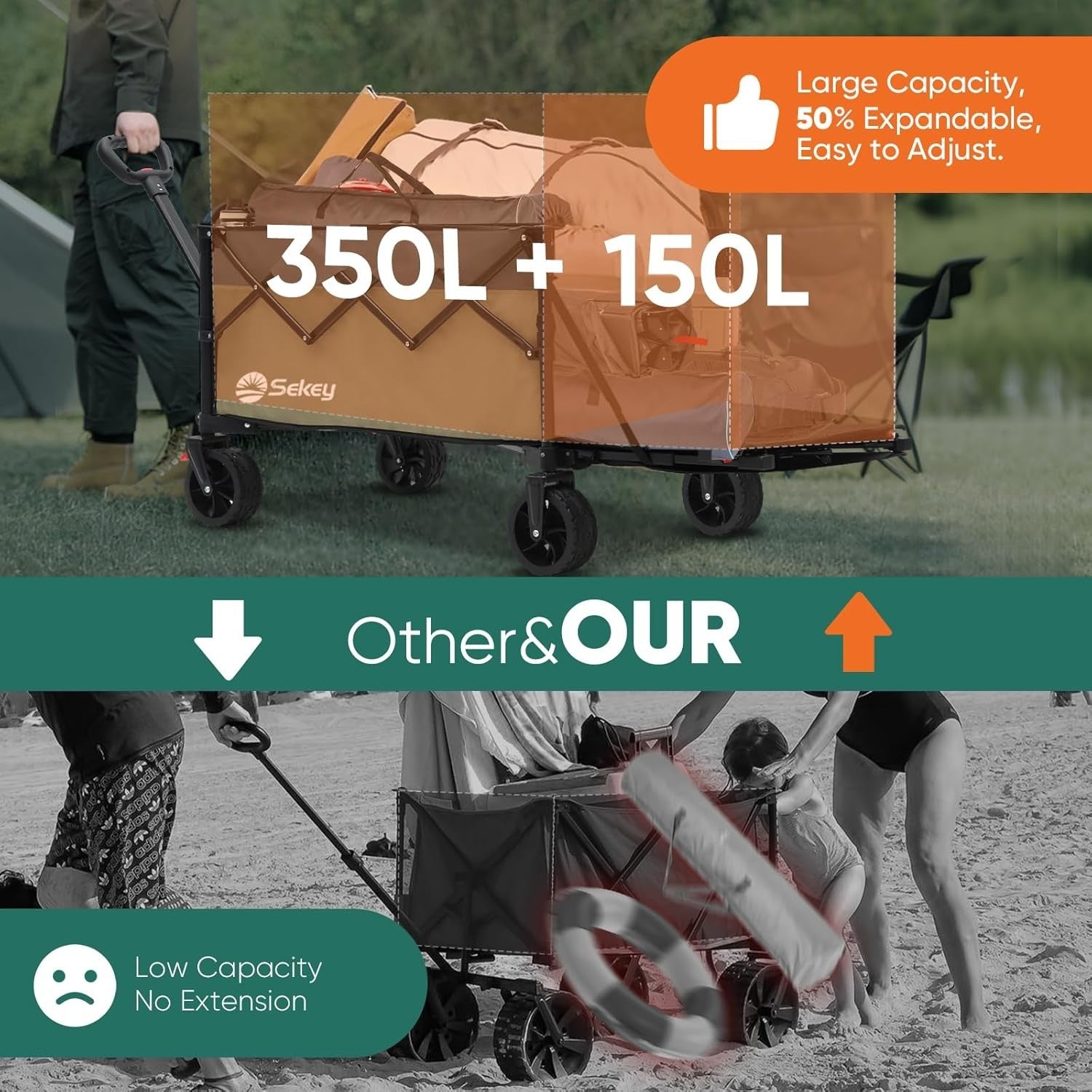 Black 350–500L Folding Camping Wagon 440lb Heavy Duty All Terrain Festival Cart