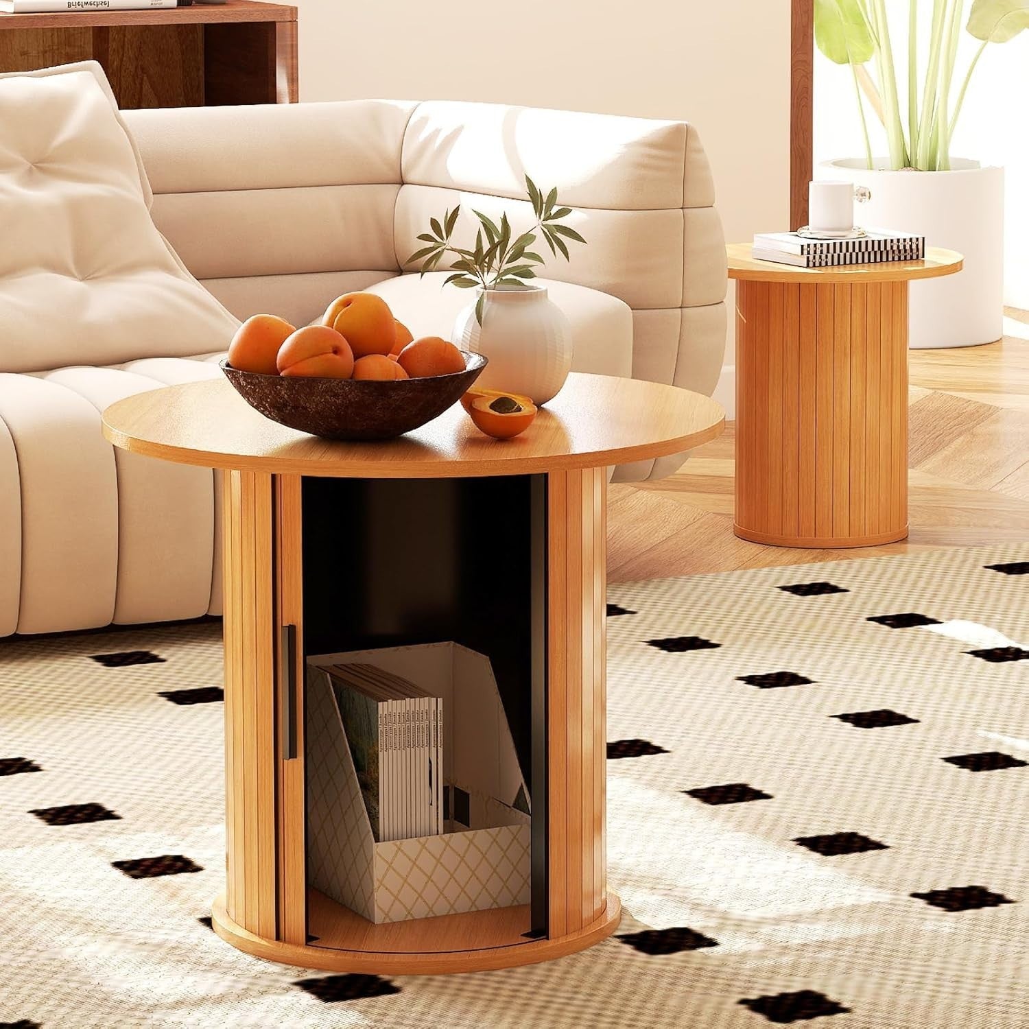 2-Piece 60cm Round Nesting Coffee Table Set with Hidden Storage, Natural Finish