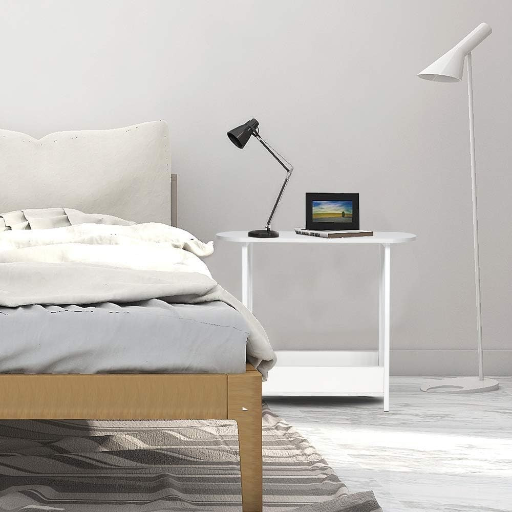 Slim White C-Shaped Side Table – Narrow Sofa Table with Metal Frame