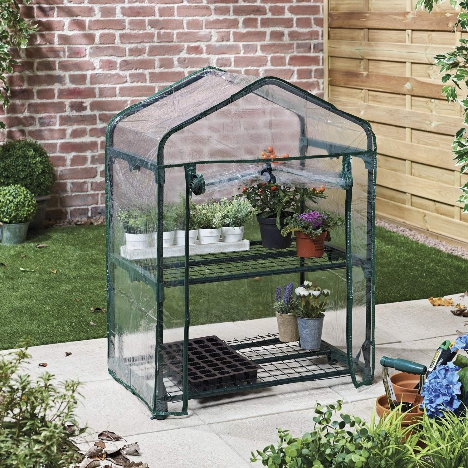 2 Tier Mini Greenhouse with Clear PVC Cover | Compact Outdoor Plant Stand