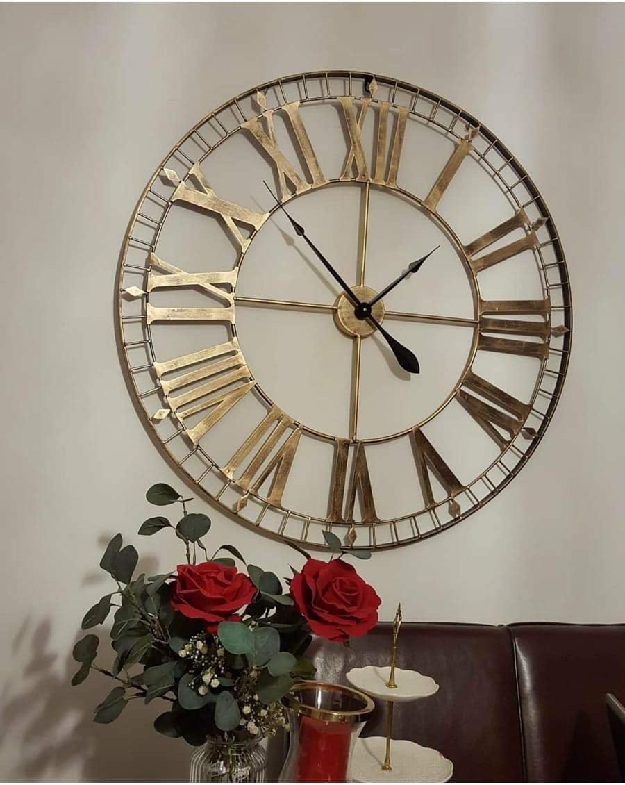 88cm Rustic Gold Skeleton Wall Clock Large Roman Numerals Living Room